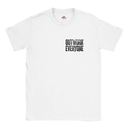 White t-shirt with 'OUTWORK EVERYONE' text on a white background