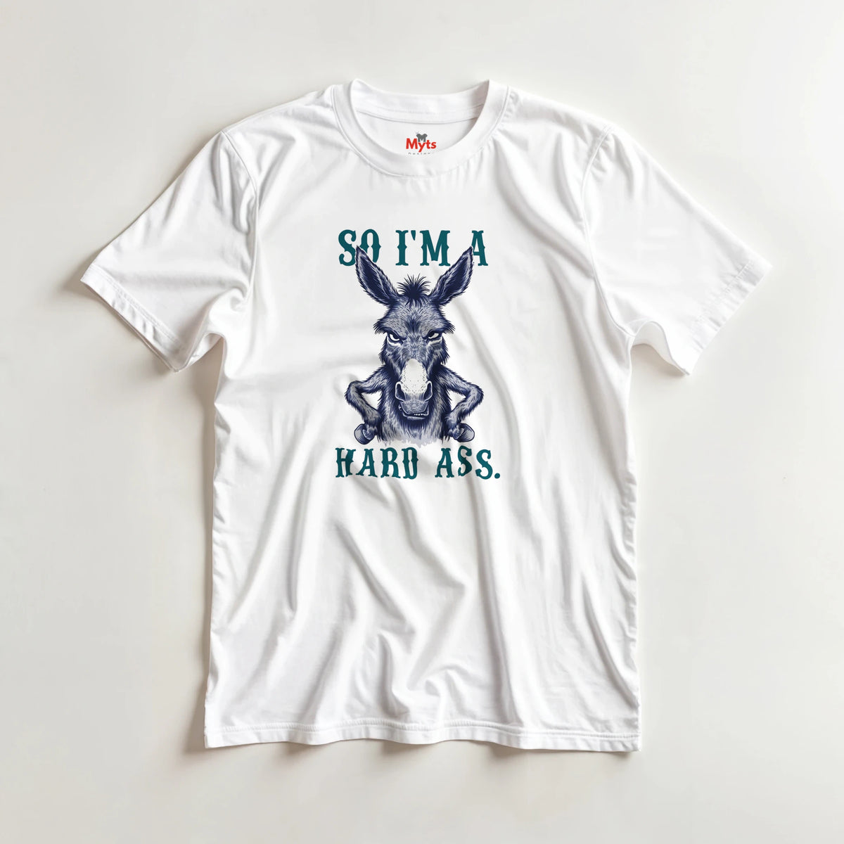 White t-shirt with a graphic of a donkey and text on a light gray background