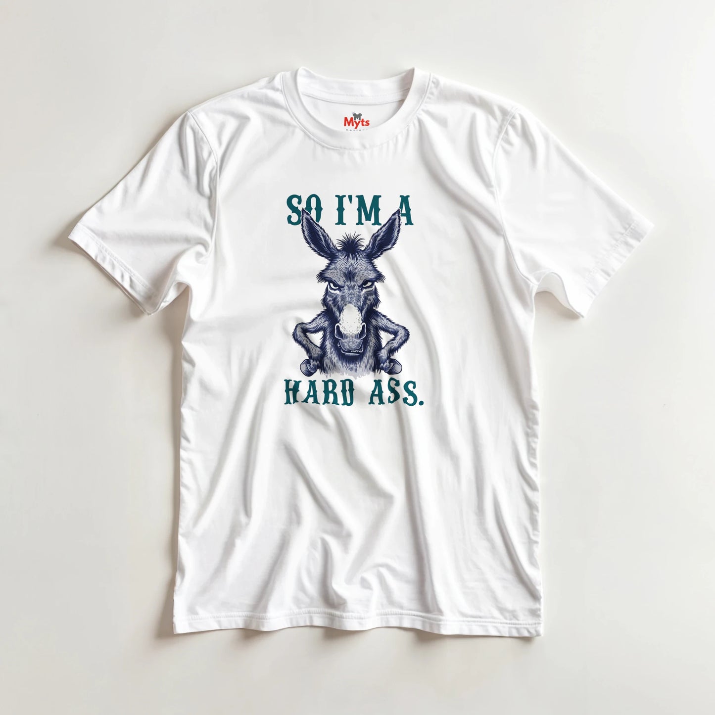 White t-shirt with a graphic of a donkey and text on a light gray background