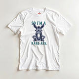 White t-shirt with a graphic of a donkey and text on a light gray background