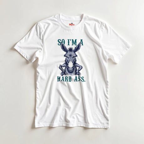White t-shirt with a graphic of a donkey and text on a light gray background