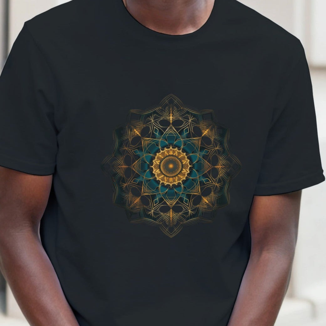 Man wearing a black t-shirt with a colorful geometric design, standing against a neutral background.