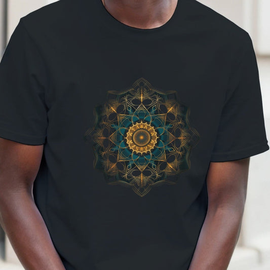 Man wearing a black t-shirt with a colorful geometric design, standing against a neutral background.