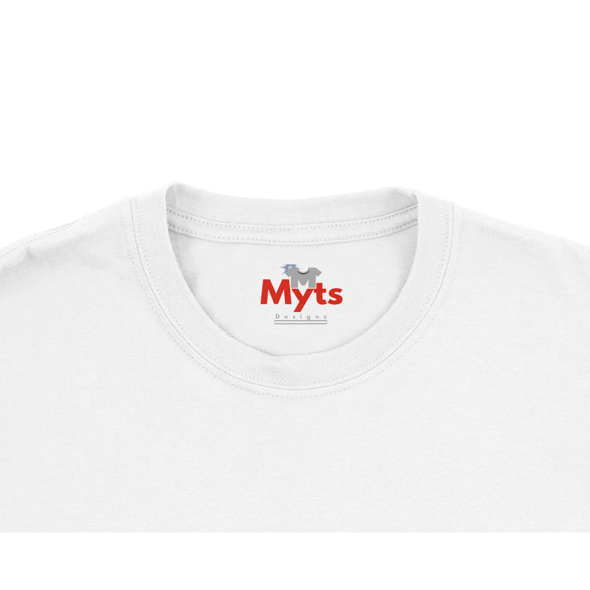 Close-up of a white crewneck t-shirt showing the inner neck label with the red 'Myts' brand logo and small gray graphic.