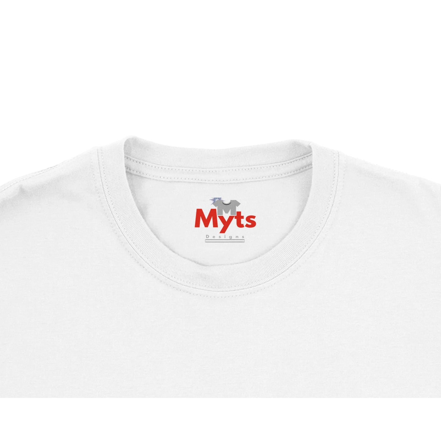 Close-up of a white crewneck t-shirt showing the inner neck label with the red 'Myts' brand logo and small gray graphic.
