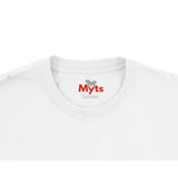 Close-up of a white crewneck t-shirt showing the inner neck label with the red 'Myts' brand logo and small gray graphic.