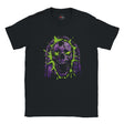 Black t-shirt with a purple and green skull design on a white background
