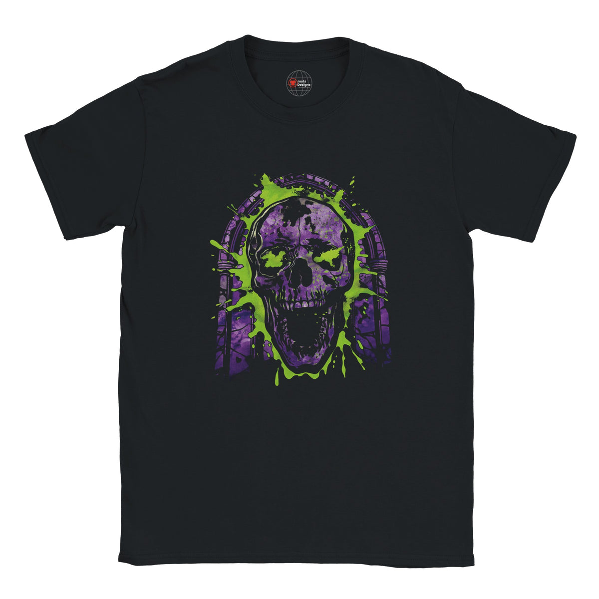 Black t-shirt with a purple and green skull design on a white background