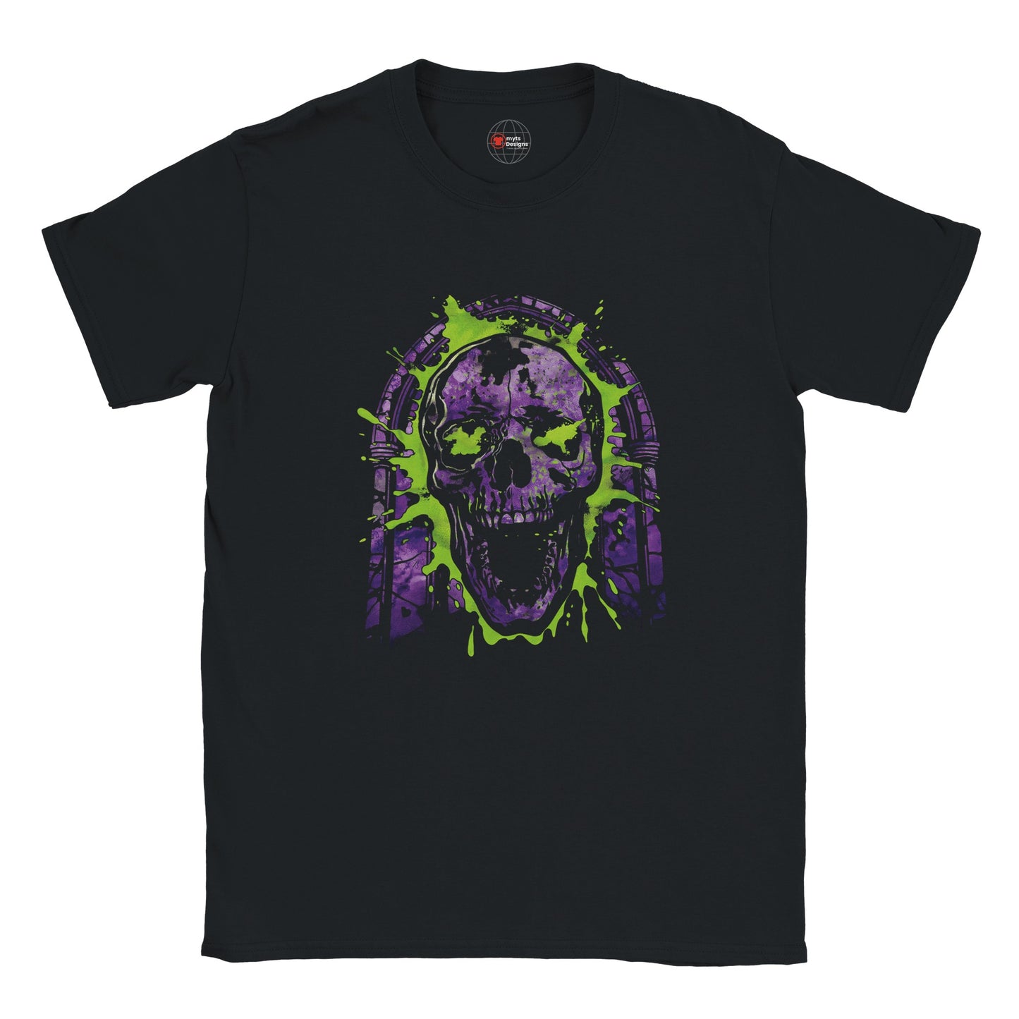 Black t-shirt with a purple and green skull design on a white background