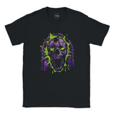 Black t-shirt with a purple and green skull design on a white background