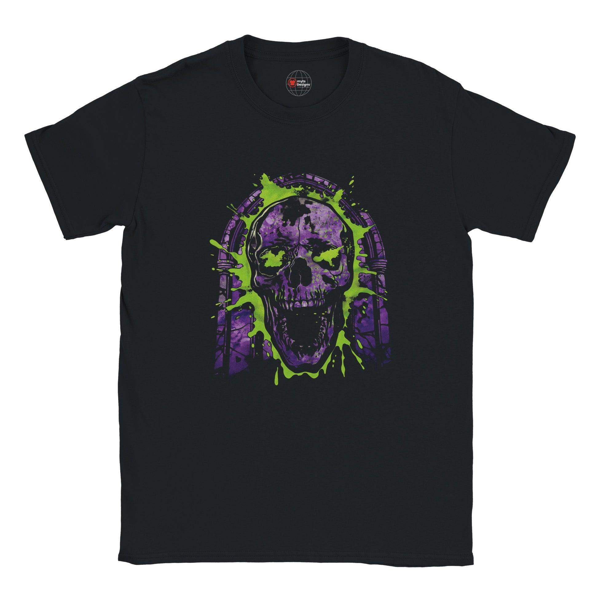 Black t-shirt with a purple and green skull design on a white background