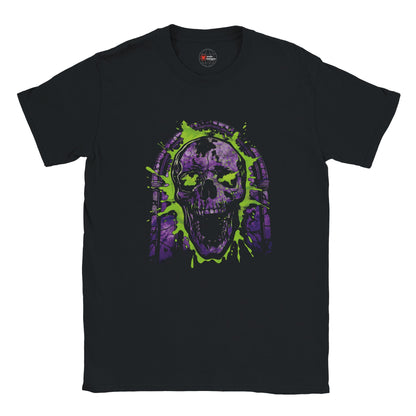 Black t-shirt with a purple and green skull design on a white background