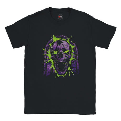 Black t-shirt with a purple and green skull design on a white background