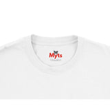 White t-shirt with 'Myts Designs' logo on a white background