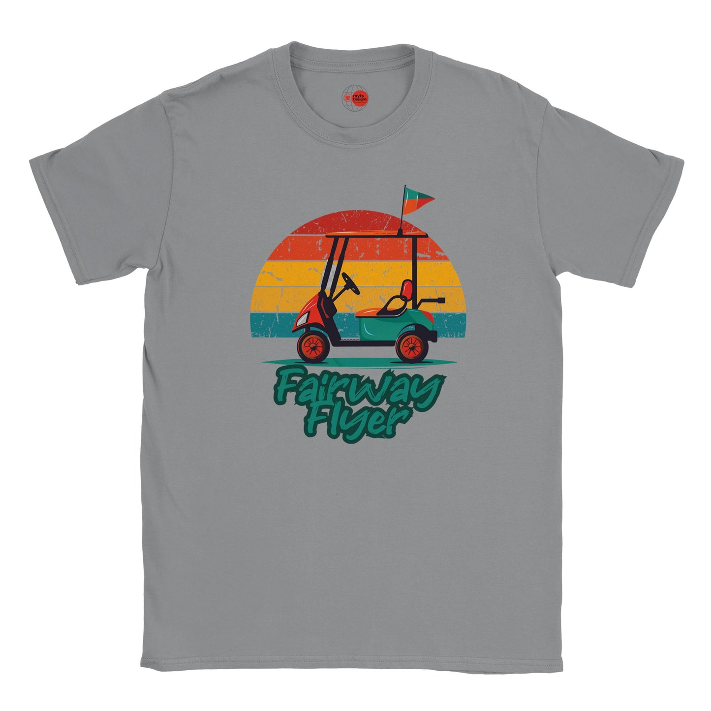 Gray t-shirt with a graphic of a golf cart and sunset design on a white background