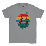 Gray t-shirt with a graphic of a golf cart and sunset design on a white background