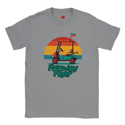Gray t-shirt with a graphic of a golf cart and sunset design on a white background