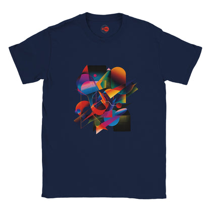 Navy blue t-shirt with a colorful geometric design on a white background
