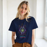Woman wearing a navy blue t-shirt with text in a bright indoor setting