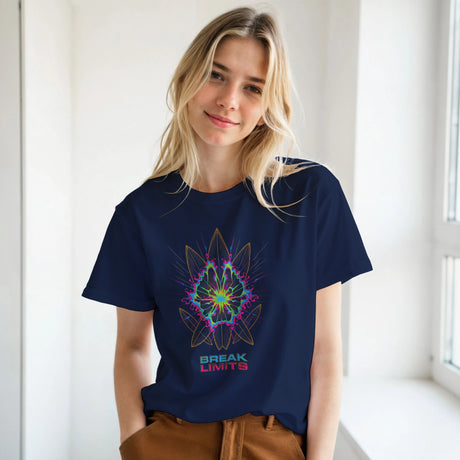 Woman wearing a navy blue t-shirt with text in a bright indoor setting