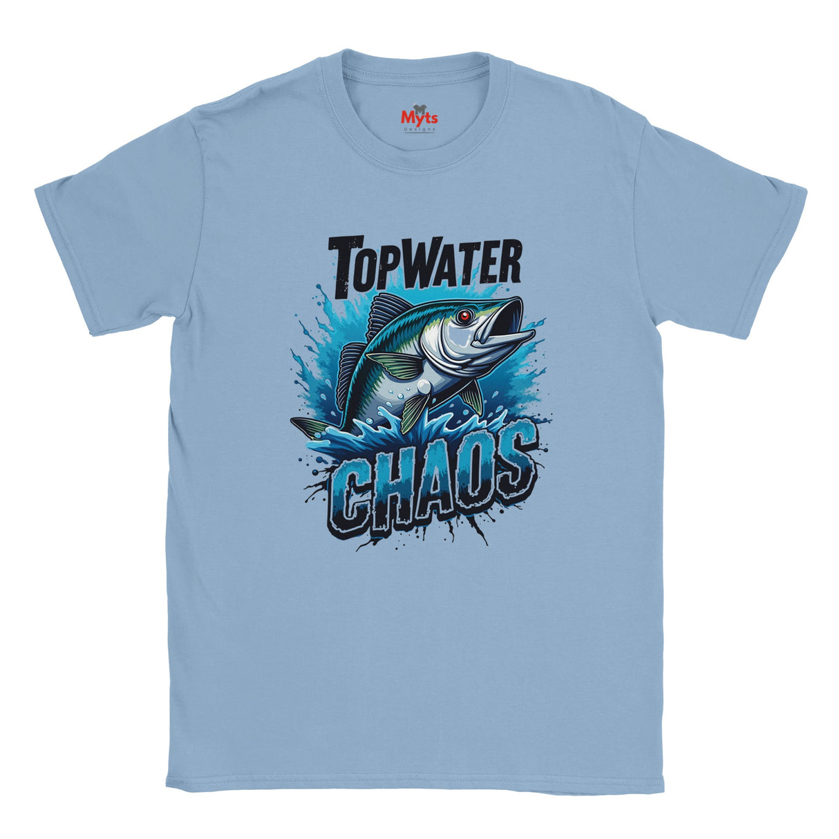 Light blue t-shirt with a fish graphic and text 'Top Water Chaos' on a white background