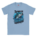 Light blue t-shirt with a fish graphic and text 'Top Water Chaos' on a white background