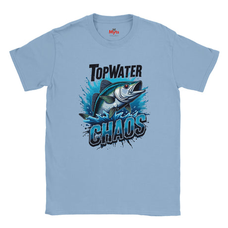 Light blue t-shirt with a fish graphic and text 'Top Water Chaos' on a white background