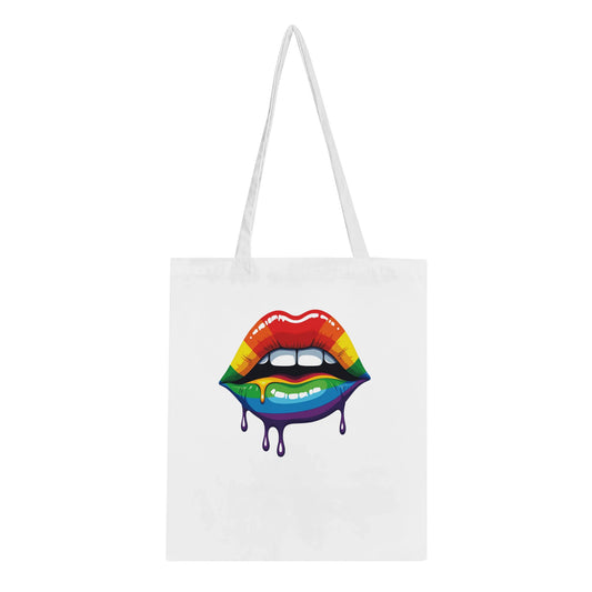 Tote bag with a colorful lips design on a white background