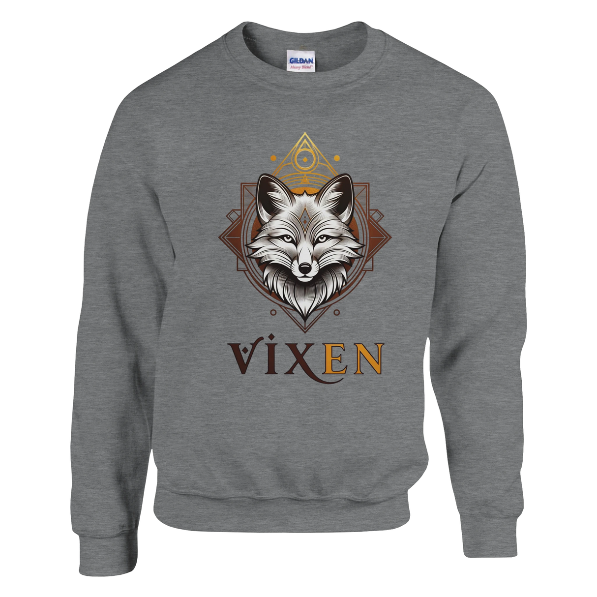 Dark Heather sweatshirt with a fox design and 'Vixen' text on a white background