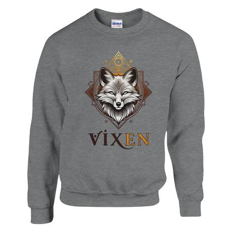 Dark Heather sweatshirt with a fox design and 'Vixen' text on a white background