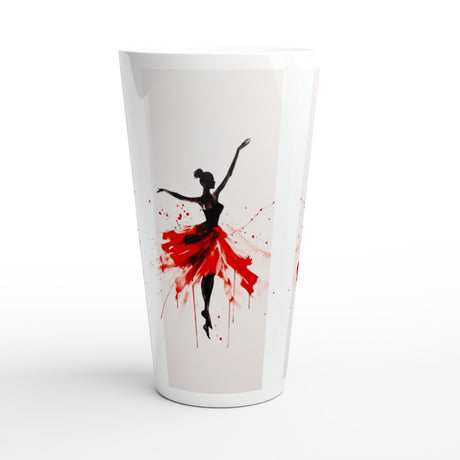A tall white tapered pint glass featuring a graphic print of a black ballerina silhouette with a red paint-splattered skirt, set against a clean white background.