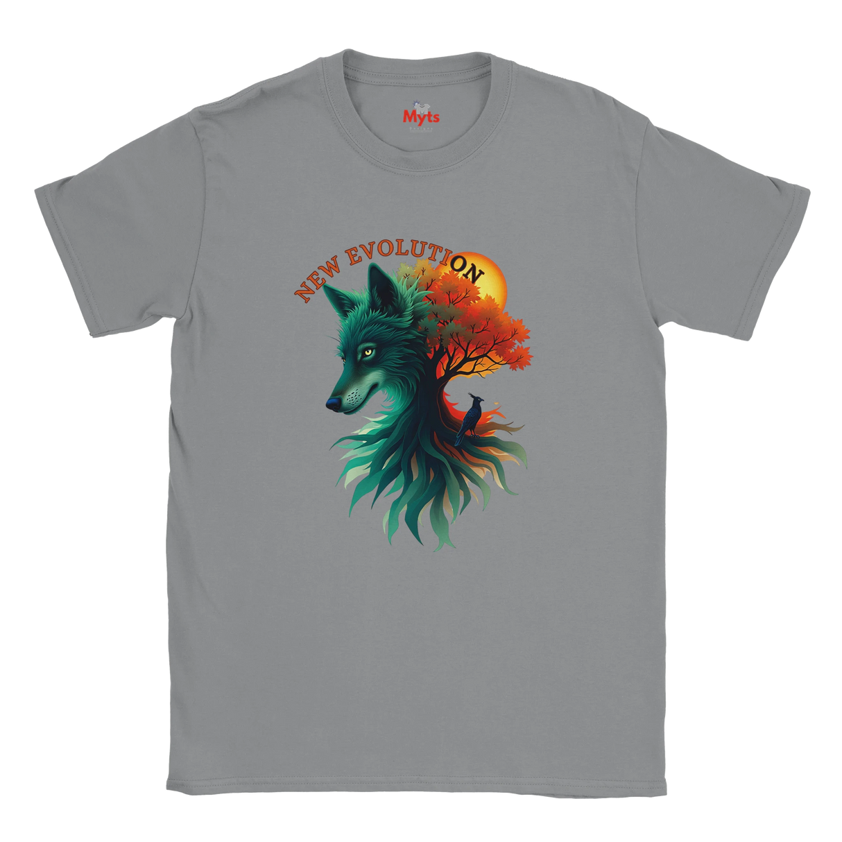 A gray crewneck t-shirt featuring a colorful graphic of a wolf's head merging into a tree with autumn leaves and a bird, with the text 'NEW EVOLUTION' above it. The brand name 'Myls' is printed inside the collar.