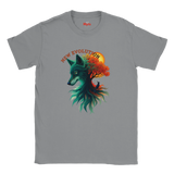 A gray crewneck t-shirt featuring a colorful graphic of a wolf's head merging into a tree with autumn leaves and a bird, with the text 'NEW EVOLUTION' above it. The brand name 'Myls' is printed inside the collar.