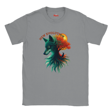 A gray crewneck t-shirt featuring a colorful graphic of a wolf's head merging into a tree with autumn leaves and a bird, with the text 'NEW EVOLUTION' above it. The brand name 'Myls' is printed inside the collar.