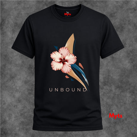 Black crew-neck T-shirt featuring the UNBOUND pink hibiscus flower and minimalist navy and beige abstract design.
