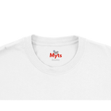 Close-up of a white t-shirt with 'Myts' logo on a white background