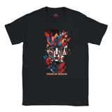 Black Faces of Spring T-shirt featuring colourful abstract geometric faces surrounded by red, blue and yellow flowers, leaves and expressive paint details.