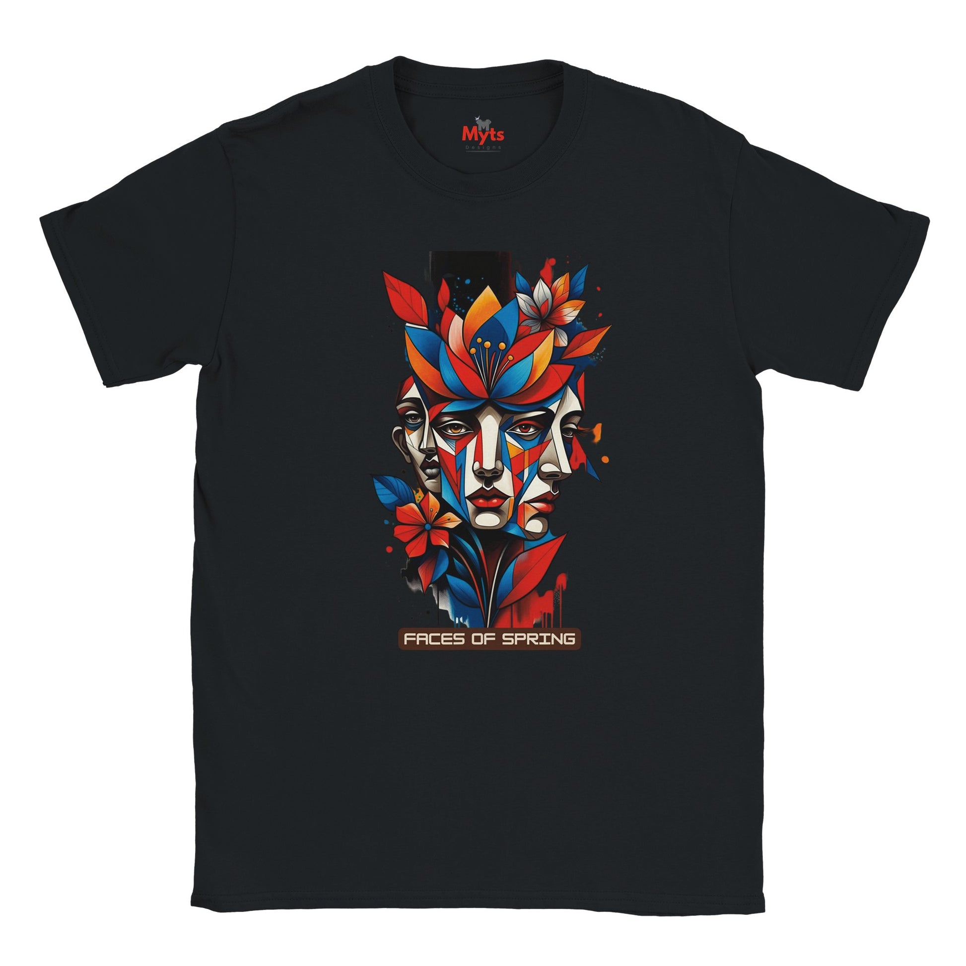 Black Faces of Spring T-shirt featuring colourful abstract geometric faces surrounded by red, blue and yellow flowers, leaves and expressive paint details.