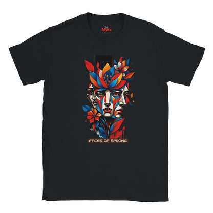 Black Faces of Spring T-shirt featuring colourful abstract geometric faces surrounded by red, blue and yellow flowers, leaves and expressive paint details.