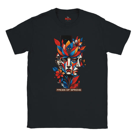 Black Faces of Spring T-shirt featuring colourful abstract geometric faces surrounded by red, blue and yellow flowers, leaves and expressive paint details.