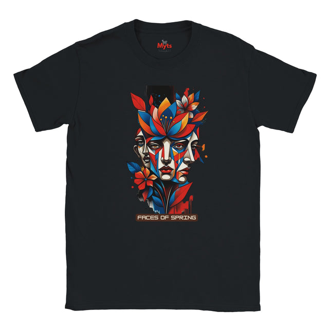 Black Faces of Spring T-shirt featuring colourful abstract geometric faces surrounded by red, blue and yellow flowers, leaves and expressive paint details.