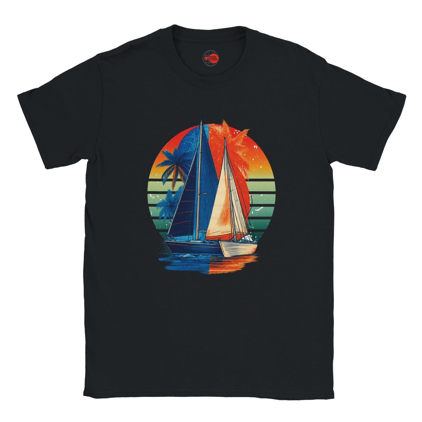 Black t-shirt with a colorful sailboat graphic on a white background