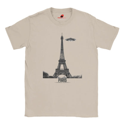 Front view of a netural soft casual tee featuring a whimsical graphic of the Eiffel Tower with a retro‑style spaceship orbiting it, printed on ultra‑soft Gildan 64000 cotton.