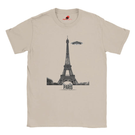 Front view of a netural soft casual tee featuring a whimsical graphic of the Eiffel Tower with a retro‑style spaceship orbiting it, printed on ultra‑soft Gildan 64000 cotton.