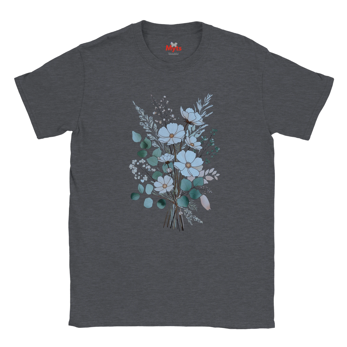 A dark heather gray crewneck t-shirt featuring a watercolor-style floral bouquet graphic in light blue, teal, and sage green tones on the front, displayed against a solid white background.