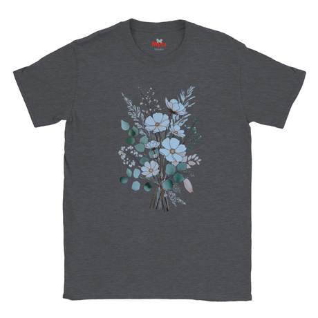 A dark heather gray crewneck t-shirt featuring a watercolor-style floral bouquet graphic in light blue, teal, and sage green tones on the front, displayed against a solid white background.