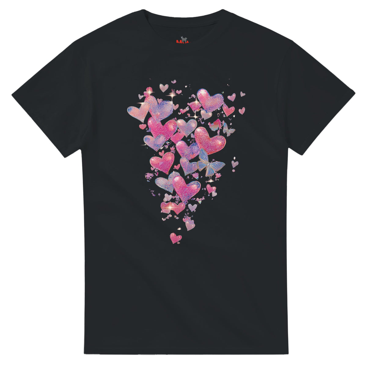 Black t-shirt with colorful heart design on a white background