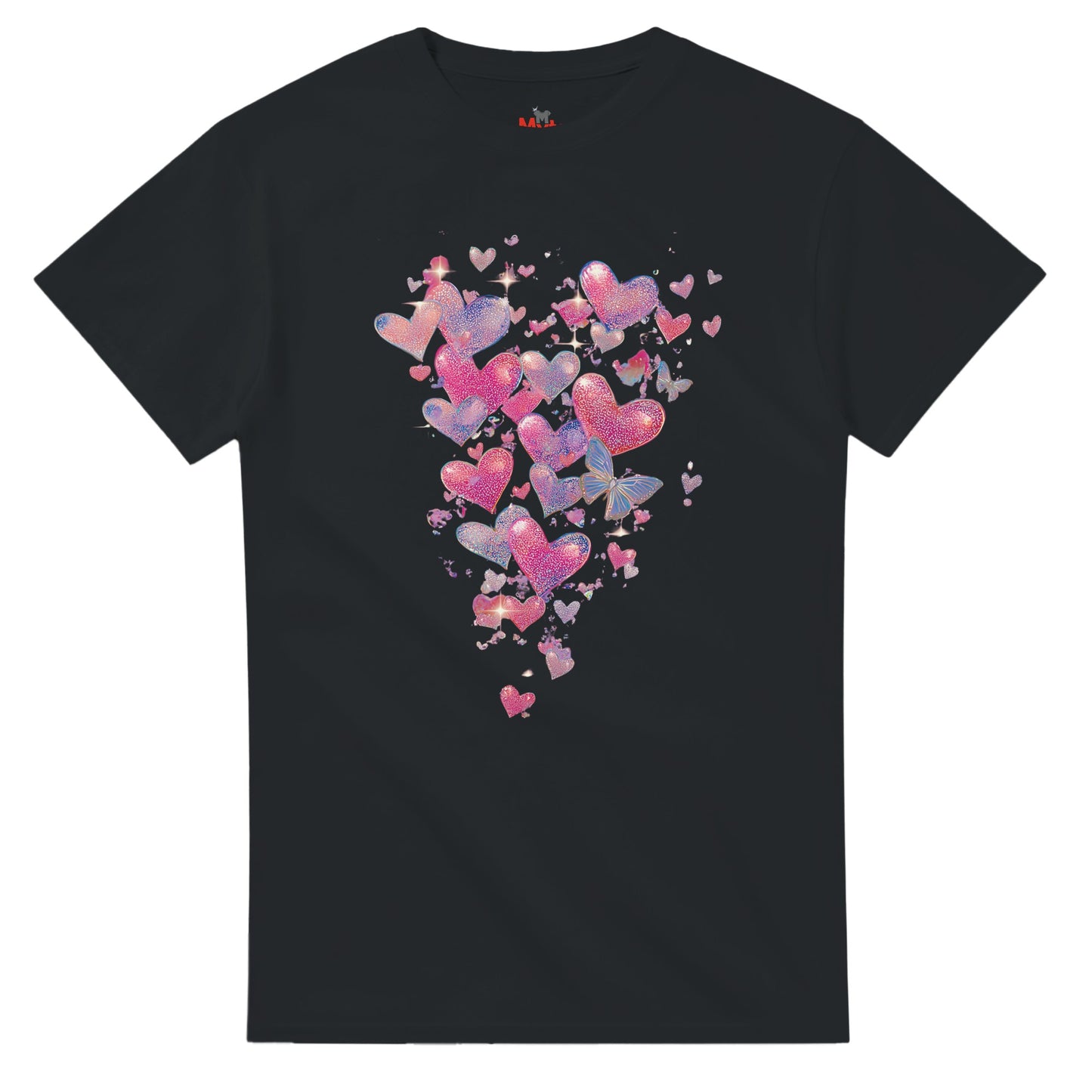 Black t-shirt with colorful heart design on a white background