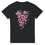 Black t-shirt with colorful heart design on a white background