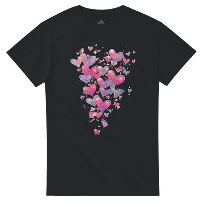 Black t-shirt with colorful heart design on a white background